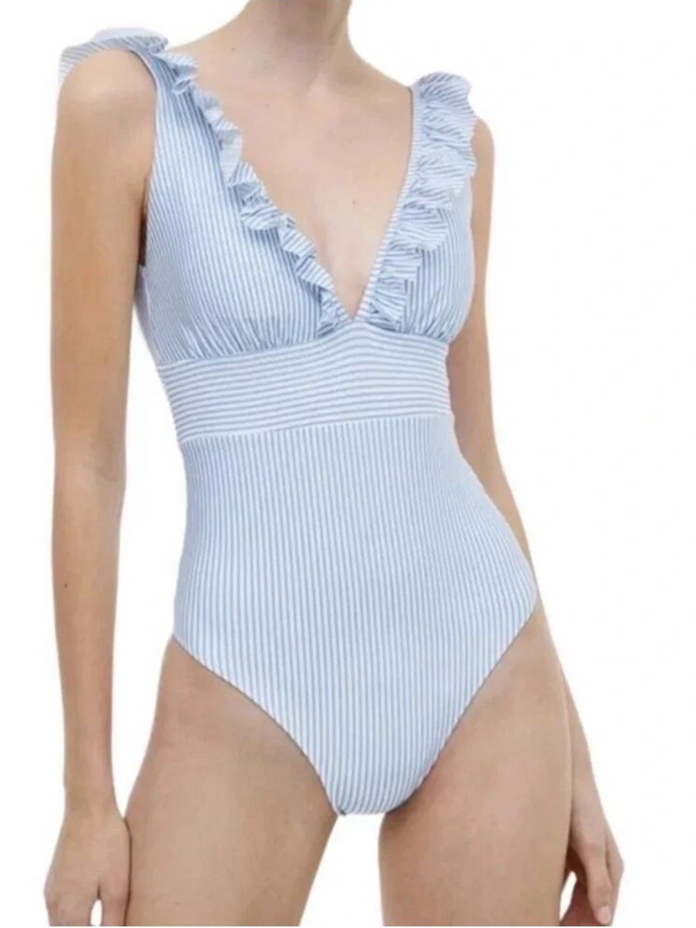 H&M Light Blue and White Striped Ruffle V-Neck One-Piece Swimsuit